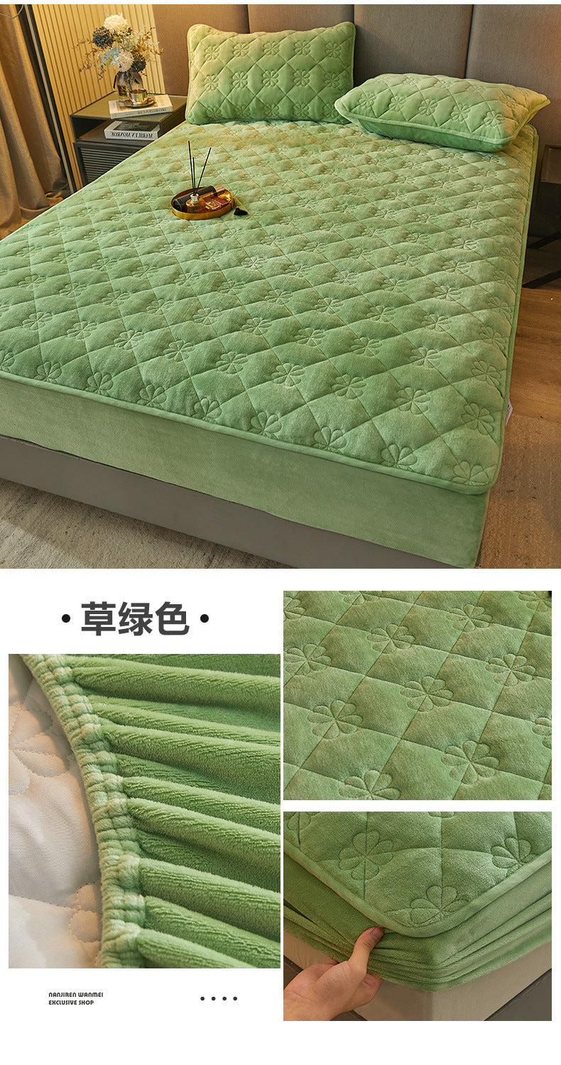 Milk Velvet Quilted Bed Sheet Single Piece Winter Thickened Coral Flannel Bed Cover Three-piece Set Mattress Protector Sheet