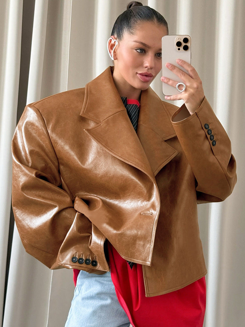 Suit Collar PU Leather Jacket Coat For Women