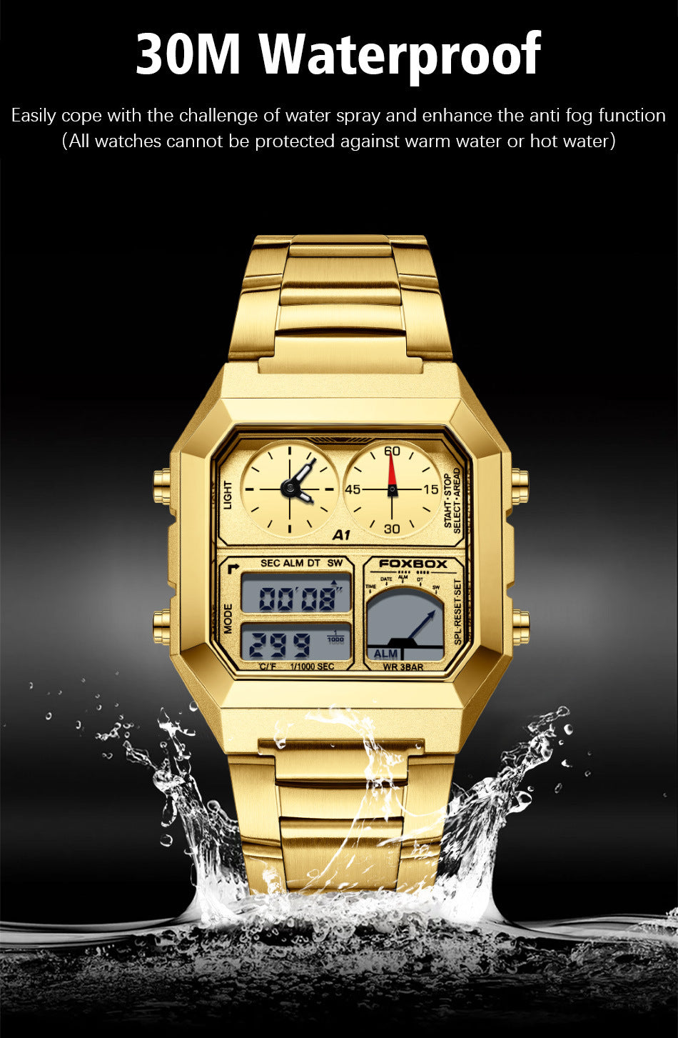 Dual Display Multifunctional Waterproof Alarm Clock Luminous Sports Chronographe Watch