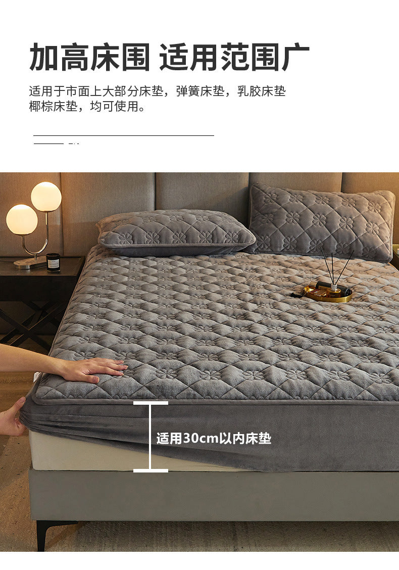 Milk Velvet Quilted Bed Sheet Single Piece Winter Thickened Coral Flannel Bed Cover Three-piece Set Mattress Protector Sheet