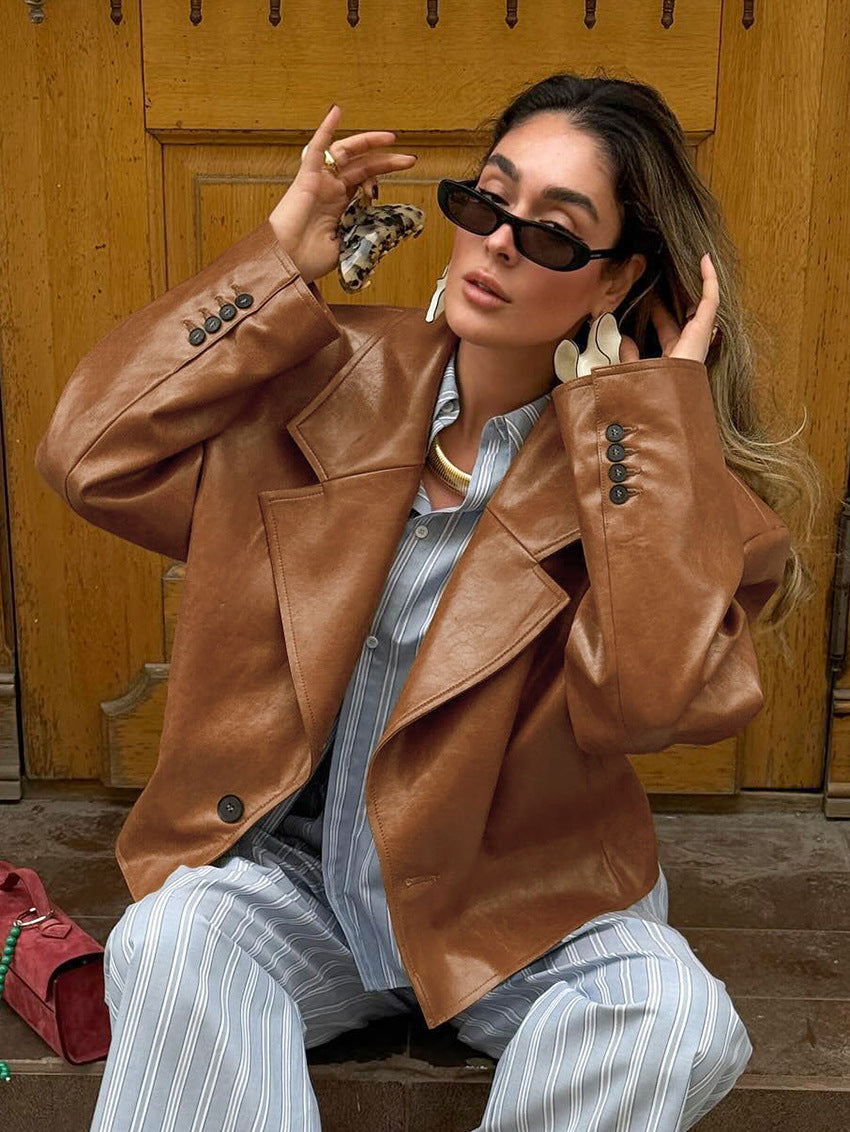 Suit Collar PU Leather Jacket Coat For Women