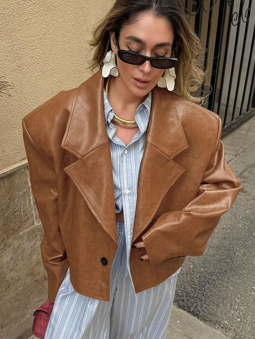 Suit Collar PU Leather Jacket Coat For Women