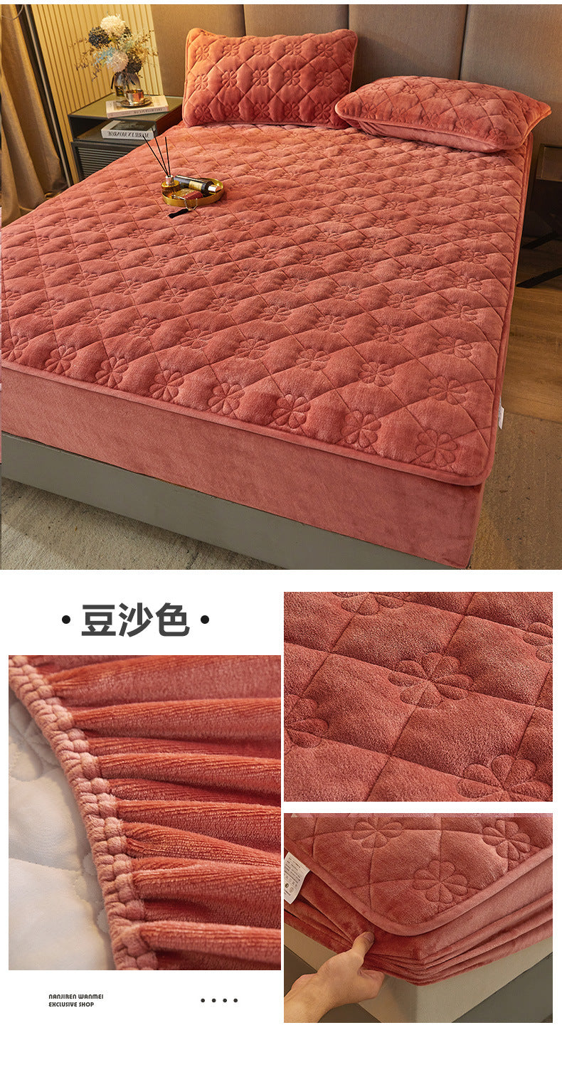 Milk Velvet Quilted Bed Sheet Single Piece Winter Thickened Coral Flannel Bed Cover Three-piece Set Mattress Protector Sheet