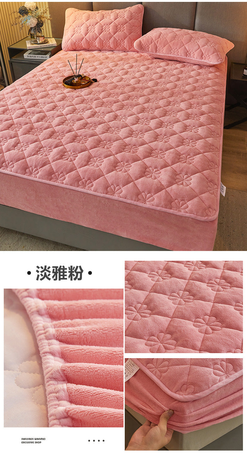 Milk Velvet Quilted Bed Sheet Single Piece Winter Thickened Coral Flannel Bed Cover Three-piece Set Mattress Protector Sheet
