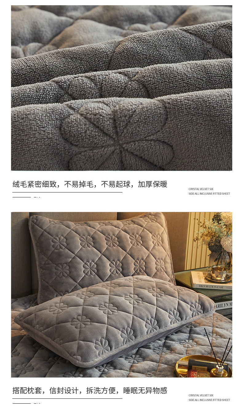Milk Velvet Quilted Bed Sheet Single Piece Winter Thickened Coral Flannel Bed Cover Three-piece Set Mattress Protector Sheet