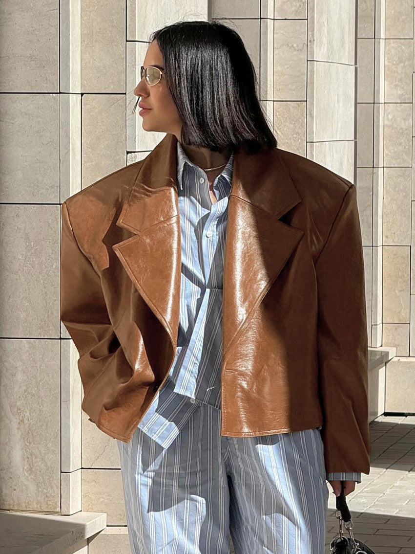 Suit Collar PU Leather Jacket Coat For Women