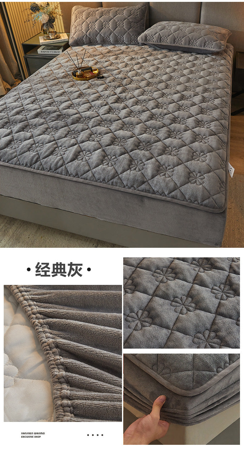 Milk Velvet Quilted Bed Sheet Single Piece Winter Thickened Coral Flannel Bed Cover Three-piece Set Mattress Protector Sheet
