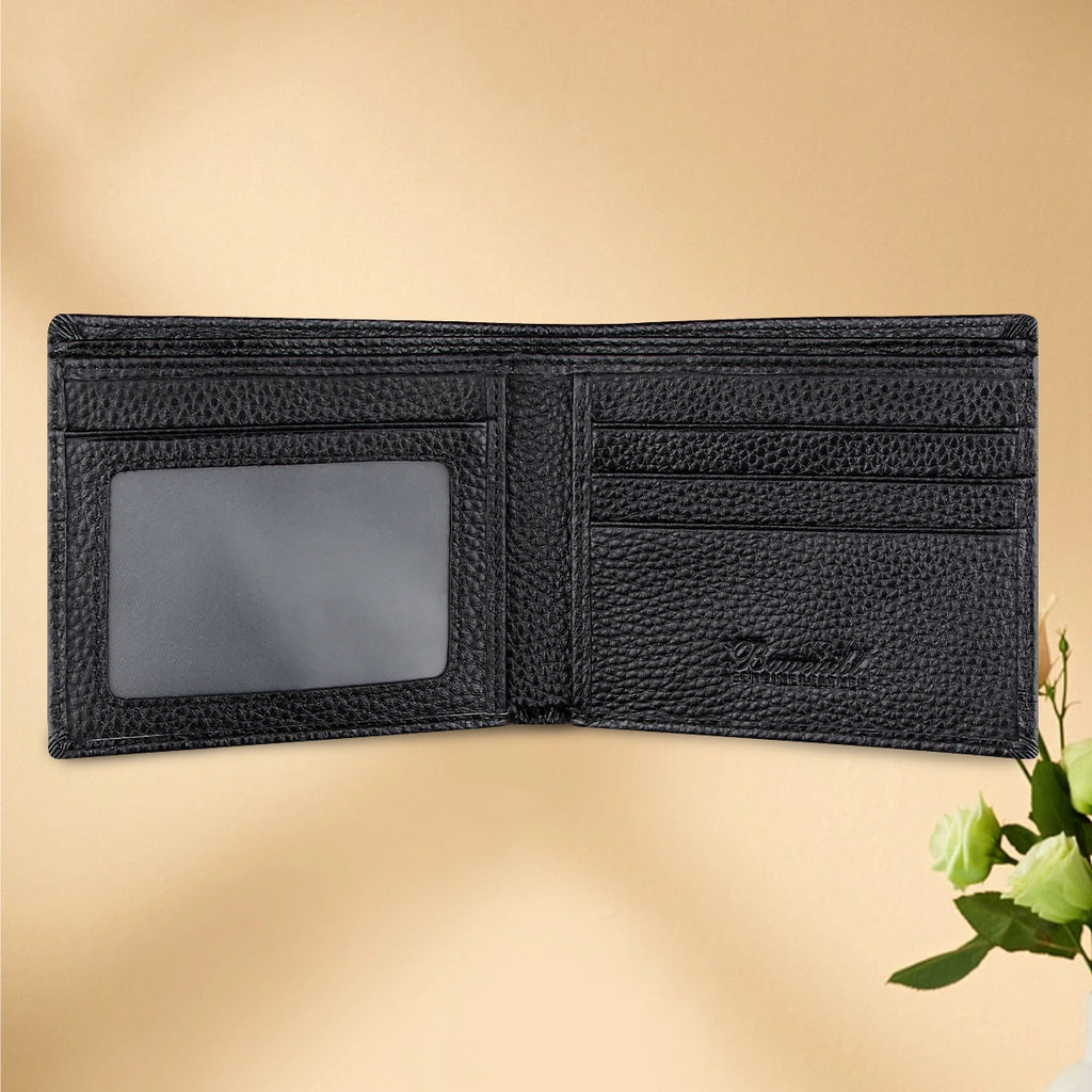 Black Men's Genuine Leather Wallet Cowhide Short Bifold