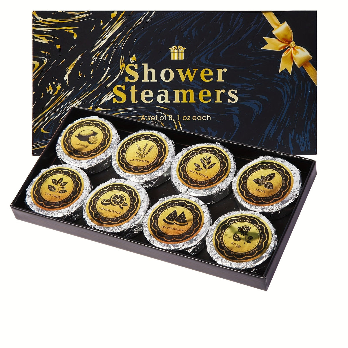 Eight 30 g Shower Steamer Tablets in Eight Fragrance Labels with Black-and-Gold Gift Box Packaging — image 7