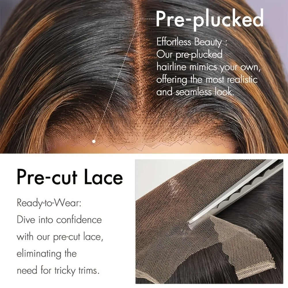 200% Density Lace Front Wig Human Hair Brown Highlights Long Wavy Pre-Plucked Glueless Heat, for Home, Travel and Salon Hair 