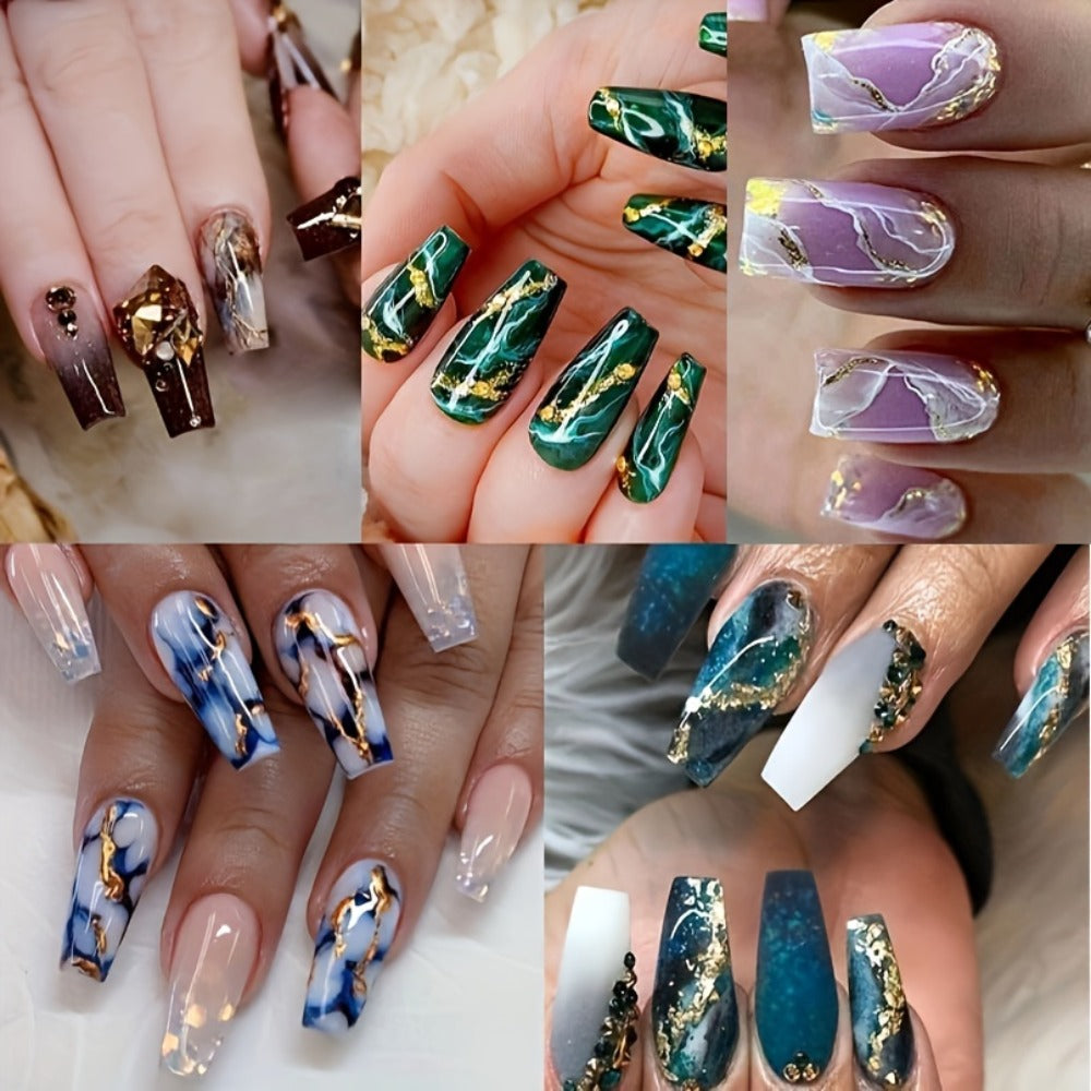 Press On Nails 144-Piece Medium Coffin Set with Blue Marble, Sequins and Included Nail Glue — image 9