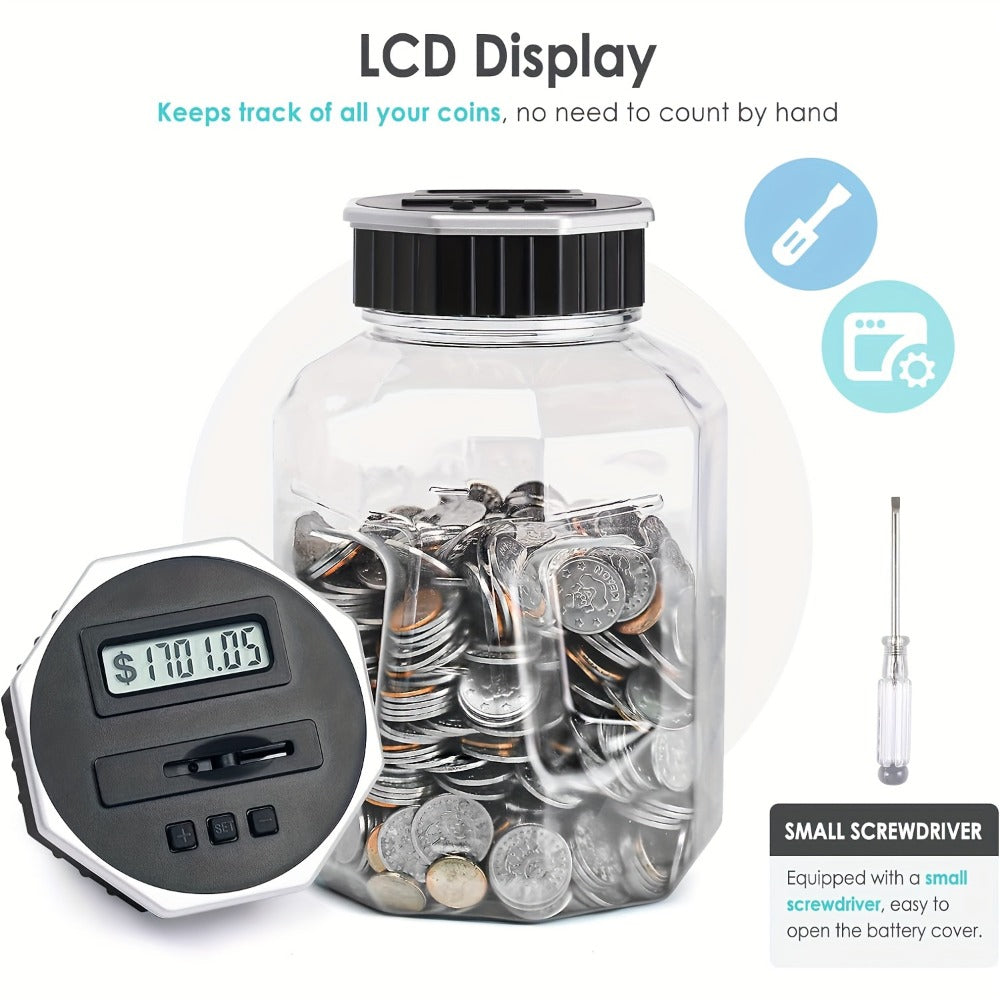 Digital Coin Counting Piggy Bank for Adults, Extra Large 2.4L LCD Counter Jar, Transparent Acrylic Money Saving Bank with Dis