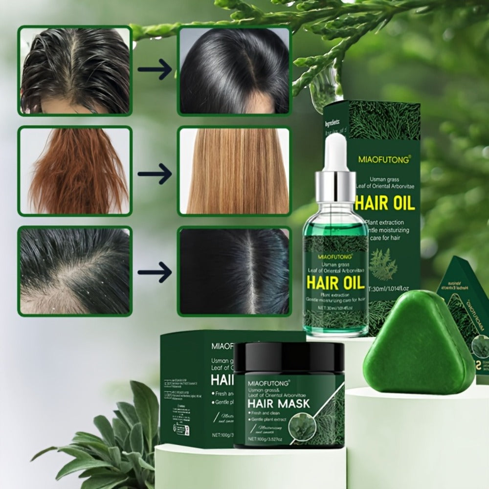 Three-Piece Usman Grass Hair Care Kit with 120g Triangular Shampoo Bar, Oil and Mask Formats — image 8