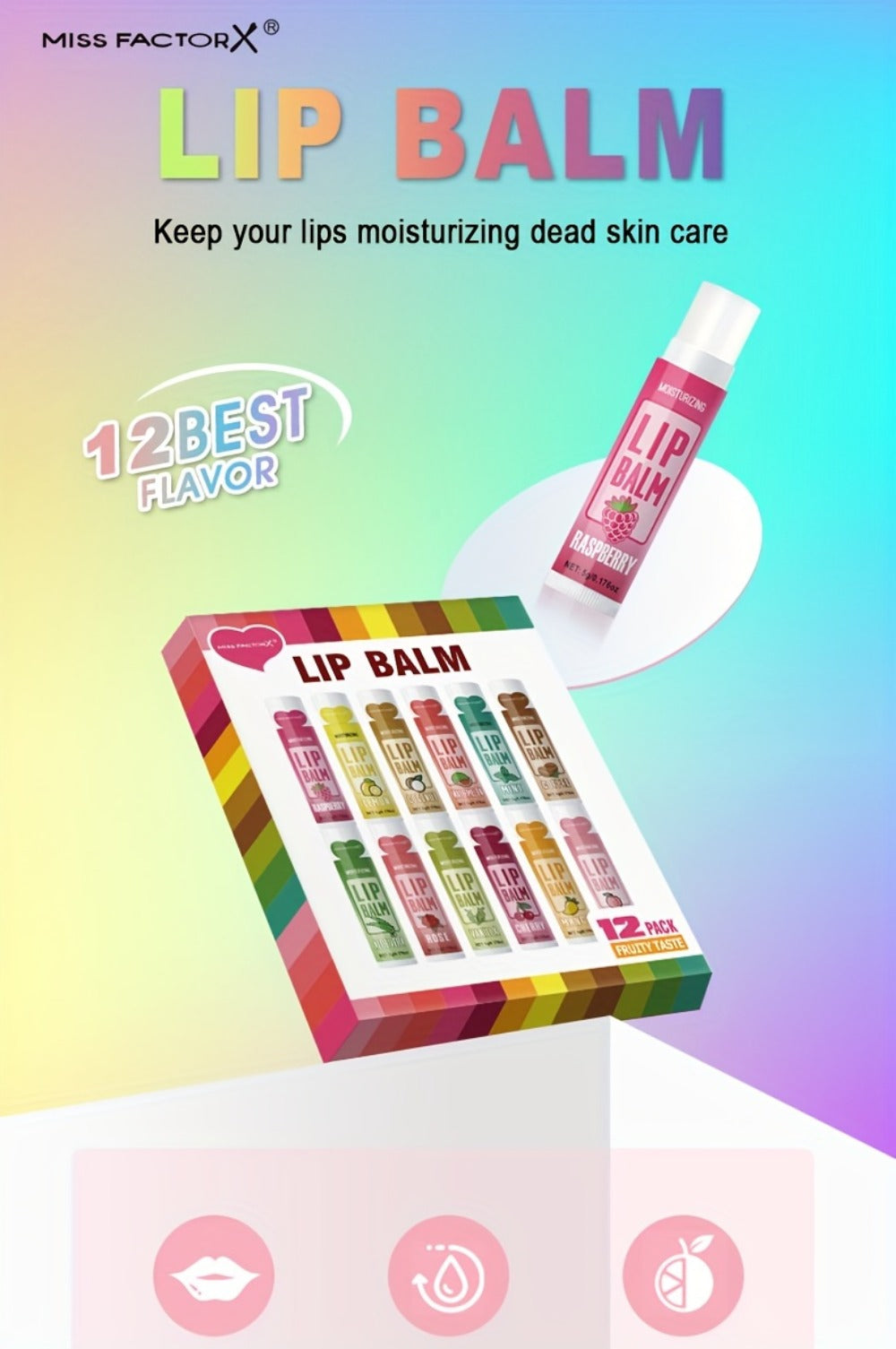 12-Piece Tube Lip Balm Set with 12 Pictured Fruit and Botanical Flavor Labels in a Display Box — image 8