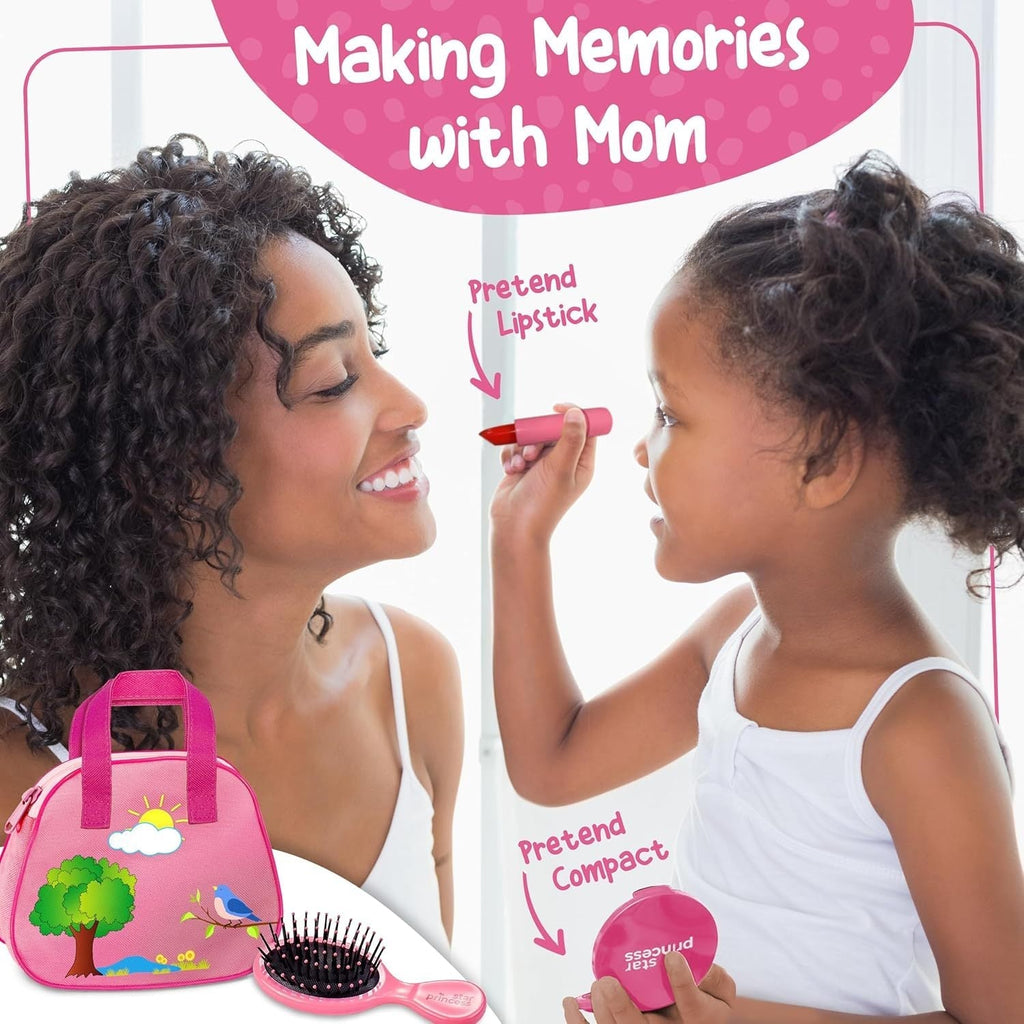 Girls Play Purse Set with Accessories 9pcs, Pretend Makeup, Toy Keys, Fake Phone & Credit Card, Toddler Dress Up Handbag Role
