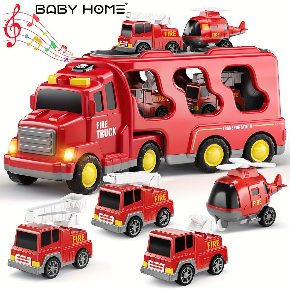 5-in-1 Fire Truck Playset for Kids 3-9, Friction Powered Interchangeable Rescue Vehicles Set with Carrier Truck — image 1