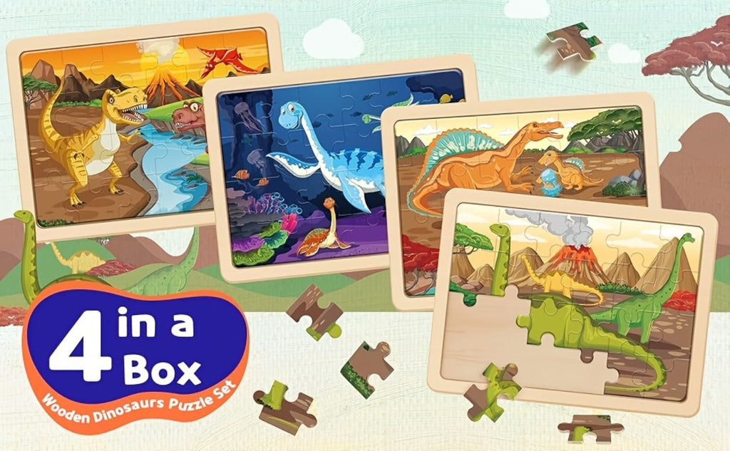 Dinosaur Puzzle Set for Kids Ages 3-8 Wooden 4-in-1 Jigsaw with 24 Pieces Each, Colorful Preschool Educational Toy for Boys &
