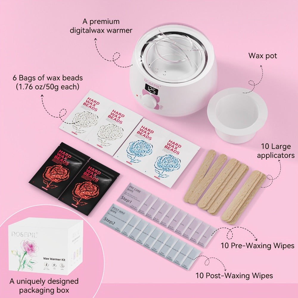 Wax Hair Removal Kit Digital Wax Pot with 6 Wax Bead Packets – Smart Temperature Control Salon-Grade Waxing Set for Body Biki