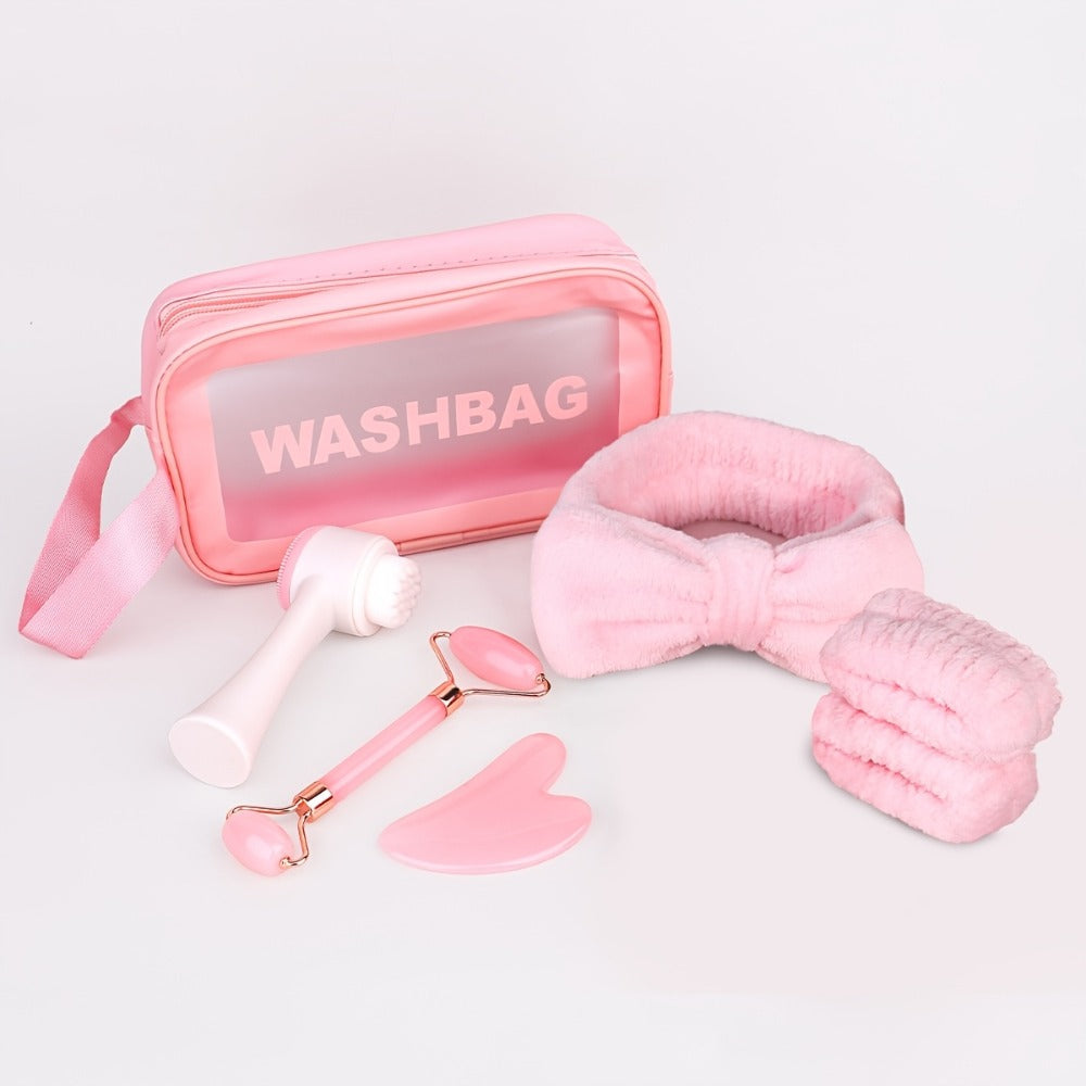 Facial Cleansing Massage Set 7Pcs Silicone Face Brush Double-Headed Roller Massager Heart Scraping Board Wristbands Hair Band