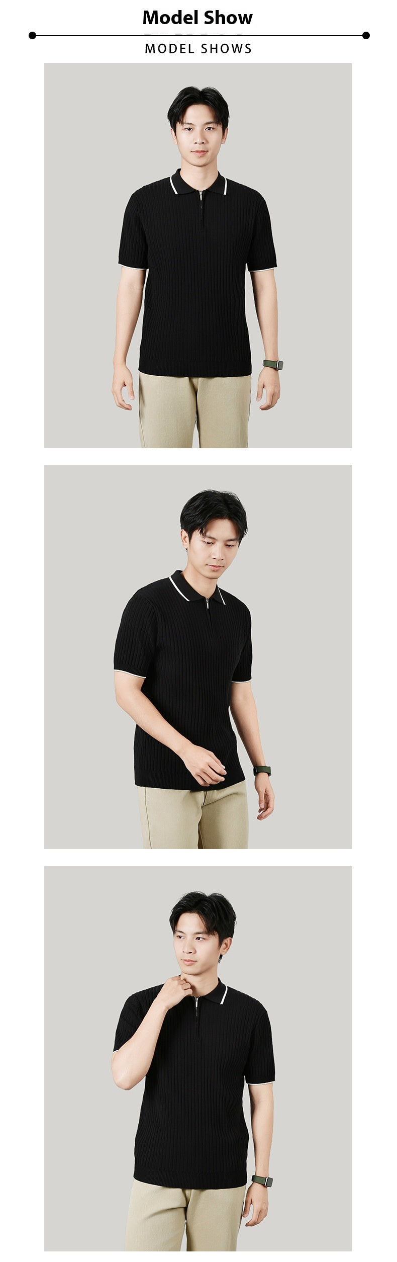 Men's Half-zip Ice Silk Knitted Lapel Vertical Striped Top