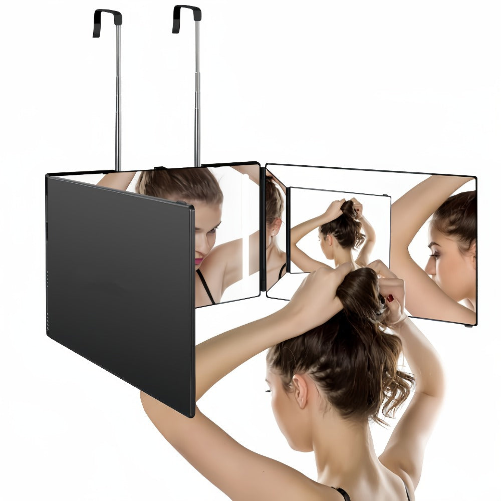 3-Way Self Haircut Mirror with LED Light & Accessories – 360° View Anti-Fog HD Glass, Height Adjustable Door Wall Table Mount