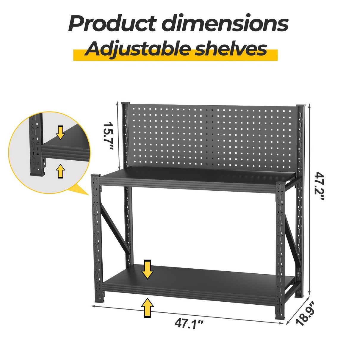 47-Inch Black Metal Workbench with Pegboard, Two Adjustable Shelves and 47.2 x 47.09 x 19-Inch Frame — image 2