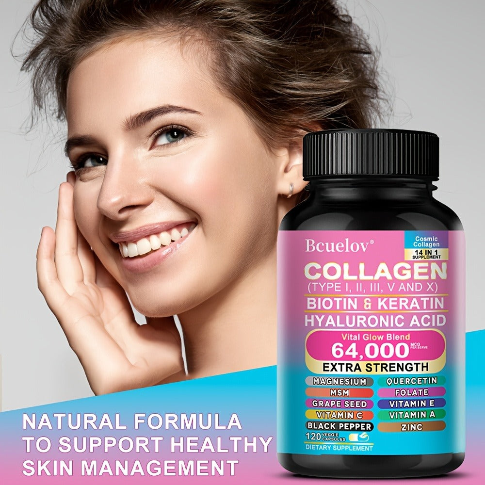 Collagen Capsules Types I II III V X with Biotin Keratin Hyaluronic Acid, Supports Skin Elasticity Hair Growth & Nail Strengt