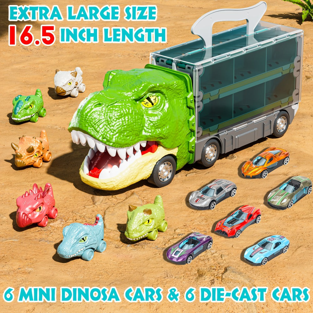 Dinosaur Truck Toys 13-in-1 Transport Carrier with 63-Inch Foldable Race Track, 6 Dino Cars + 6 Die-Cast Cars — image 9