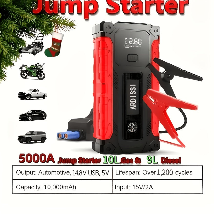 5-in-1 Jump Starter 5000A Peak – 10000mAh Power Bank, 150PSI Air Inflator, Type-C & LED Emergency Light for 12V Gas & Diesel 