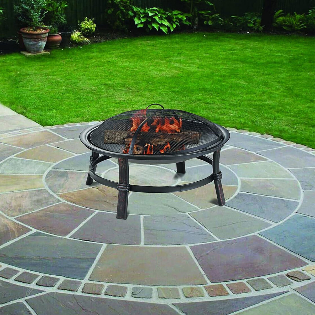 29.3-Inch Round Fire Pit Bowl with Domed Mesh Cover, Four-Leg Stand and Long Poker in Black — image 6