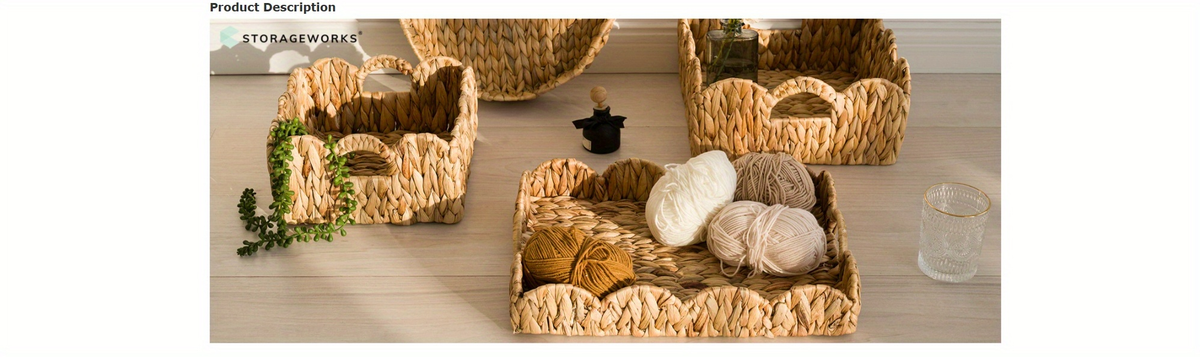 Scalloped Wicker Storage Baskets Set of 2 with Handles in Water Hyacinth or Seagrass Weave — image 11