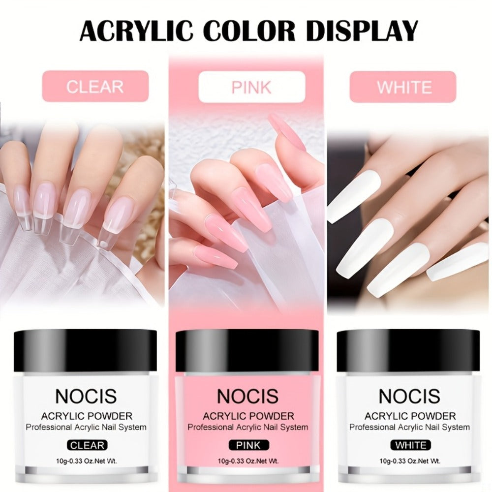 Acrylic Nail Kit NOCIS Three 10g Powders with Q Monomer, Primer, Brush Cleaner, Four Brushes and Mixing Cup — image 5