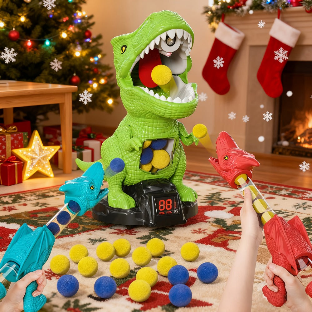 Dinosaur Shooting Game Toy with Sound Light & Spray, Movable Dino Target Launcher Set with Foam Bullets & Goggles for Boys Ki