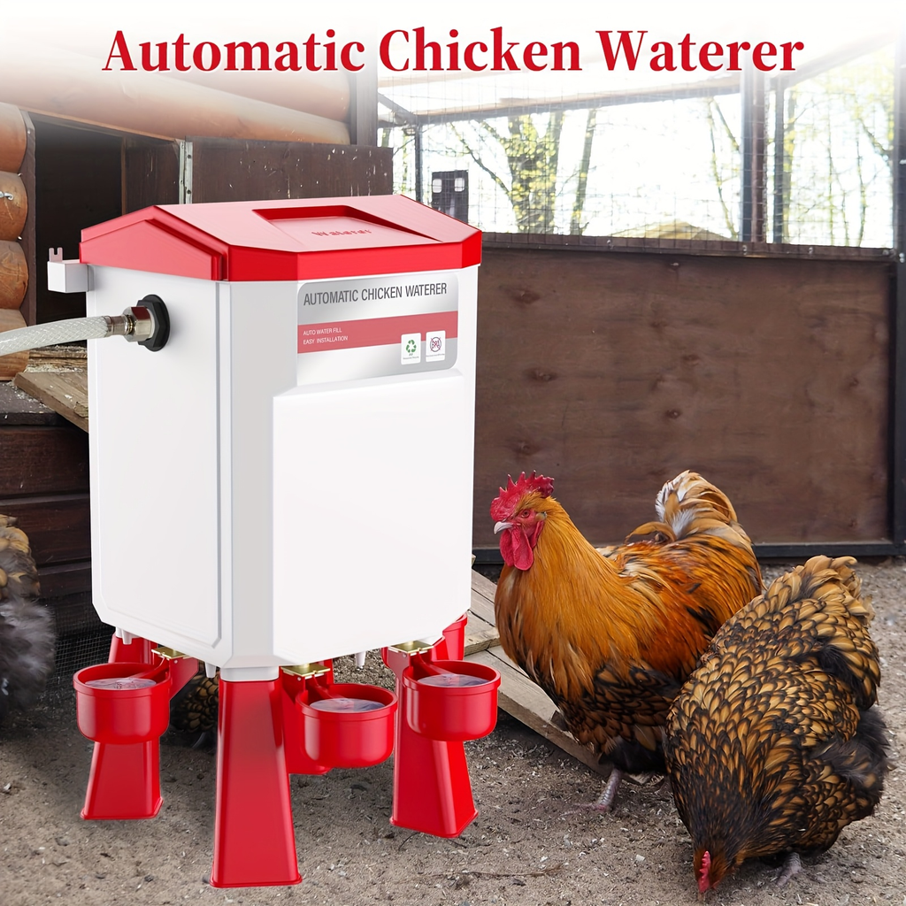 Hose-Connected Automatic Poultry Waterer with Float Valve, Four Cups and Red or Teal Color Options — image 11