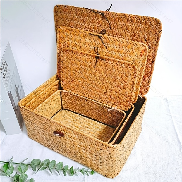 Rattan Storage Baskets Set of 3 with Lattice Lids and Label Holders in Graduated Sizes for Home Organization — image 9