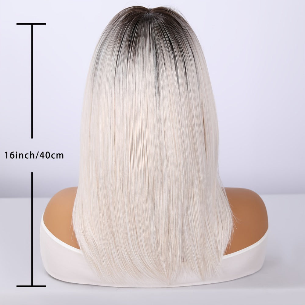 Synthetic Wig 16-Inch White Gradient Straight Style with Bangs and Glueless Rose Net Cap for Cosplay — image 5