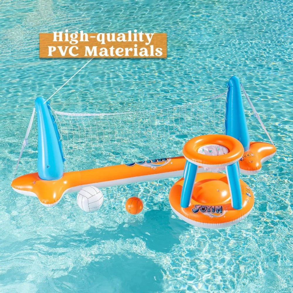 Inflatable Pool Game Set for Kids & Adults, Volleyball Net Court & Basketball Hoops with Balls — image 7