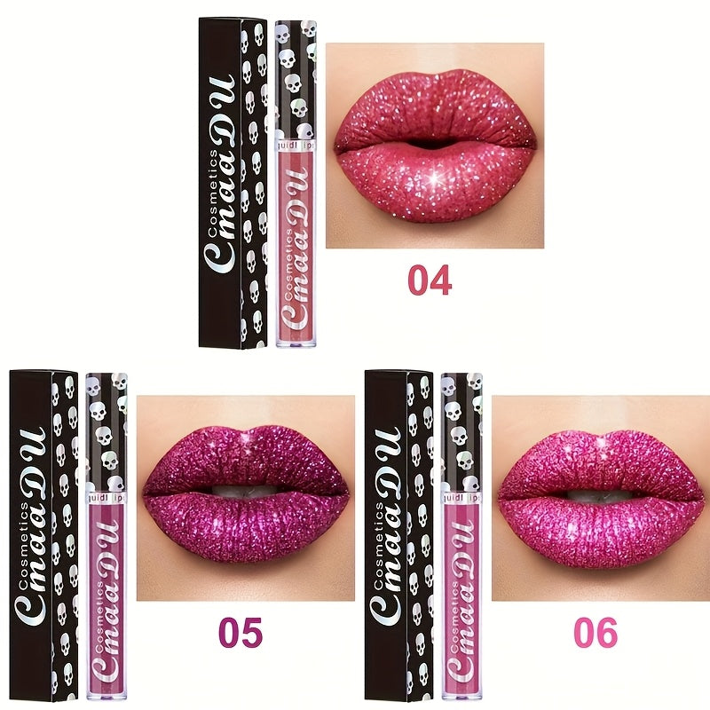 Glitter Lip Gloss Set 3pcs Skull Design Shimmer Liquid Lipstick Long Lasting Easy Remove Bold Shiny Lip Color for Music Festi