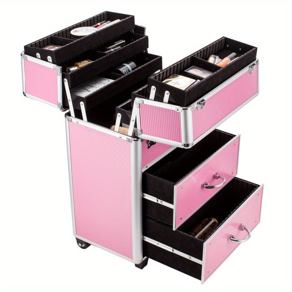Pink Four-Tier Rolling Makeup Train Case with Fold-Out Top Trays, Two Drawers and Telescoping Handle — image 6