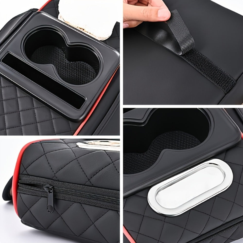 Car Center Console Cover PU Leather – Universal Armrest Box Mat with 2 Cup Holders & 2 Side Pockets, Phone & Card Storage — i