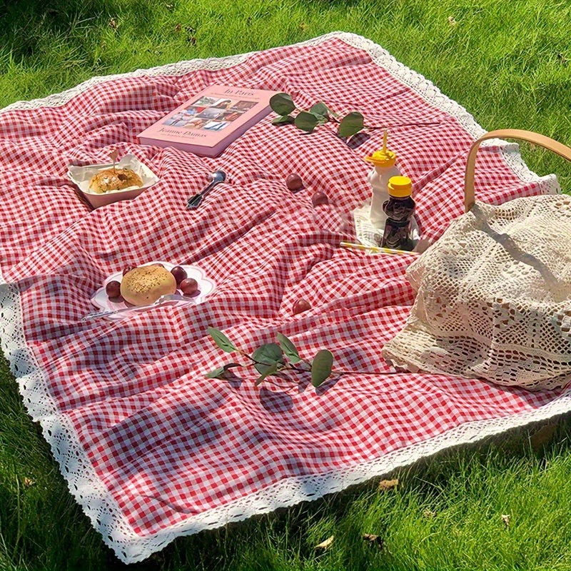 Tablecloth in Red Gingham Plaid with White Lace Edge for Picnic, Camping and Photo Backdrop Use — image 5