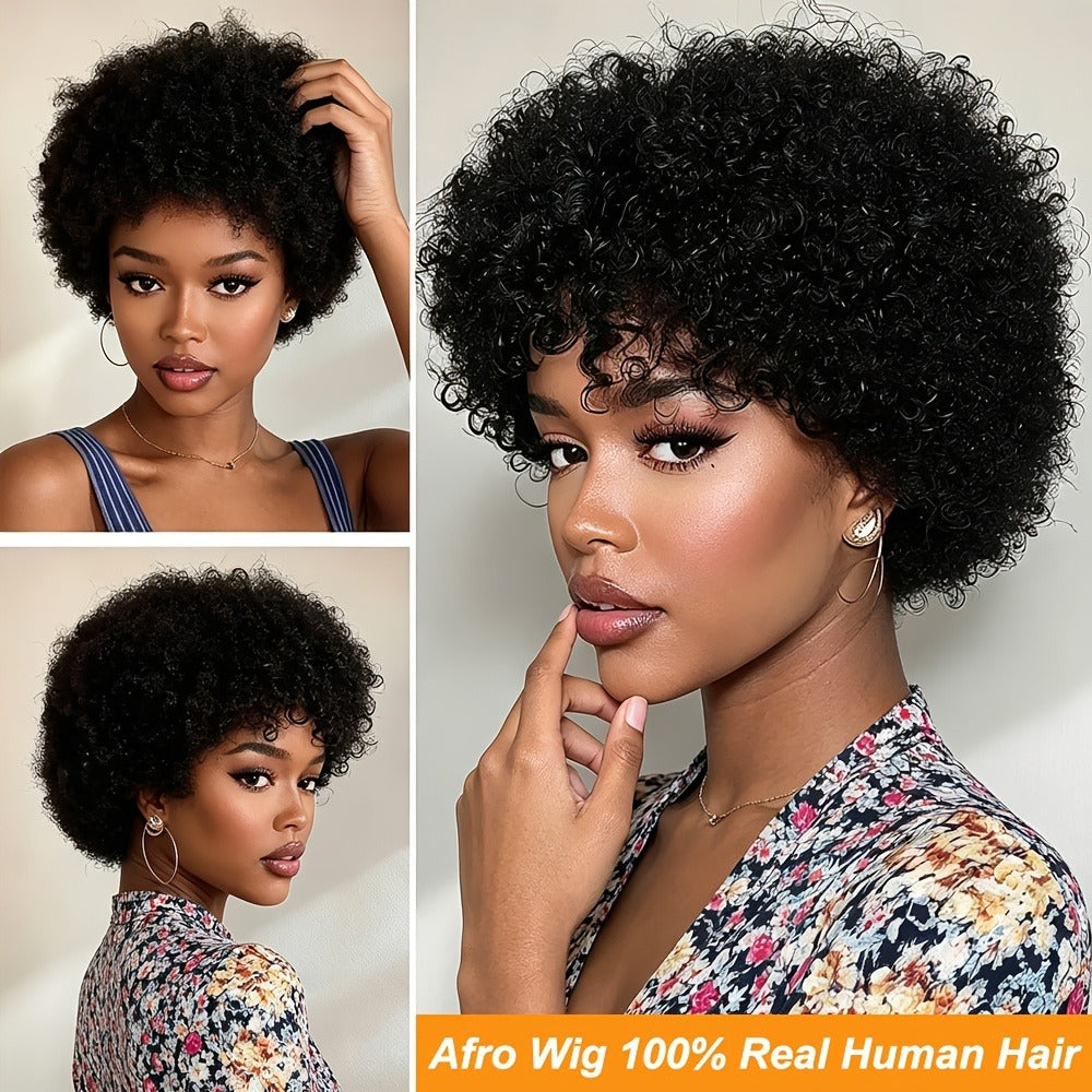 6-Inch Kinky Curly Afro Human Hair Wig with Glueless Cap and Deep Grey, Camel or Ginger Color — image 2