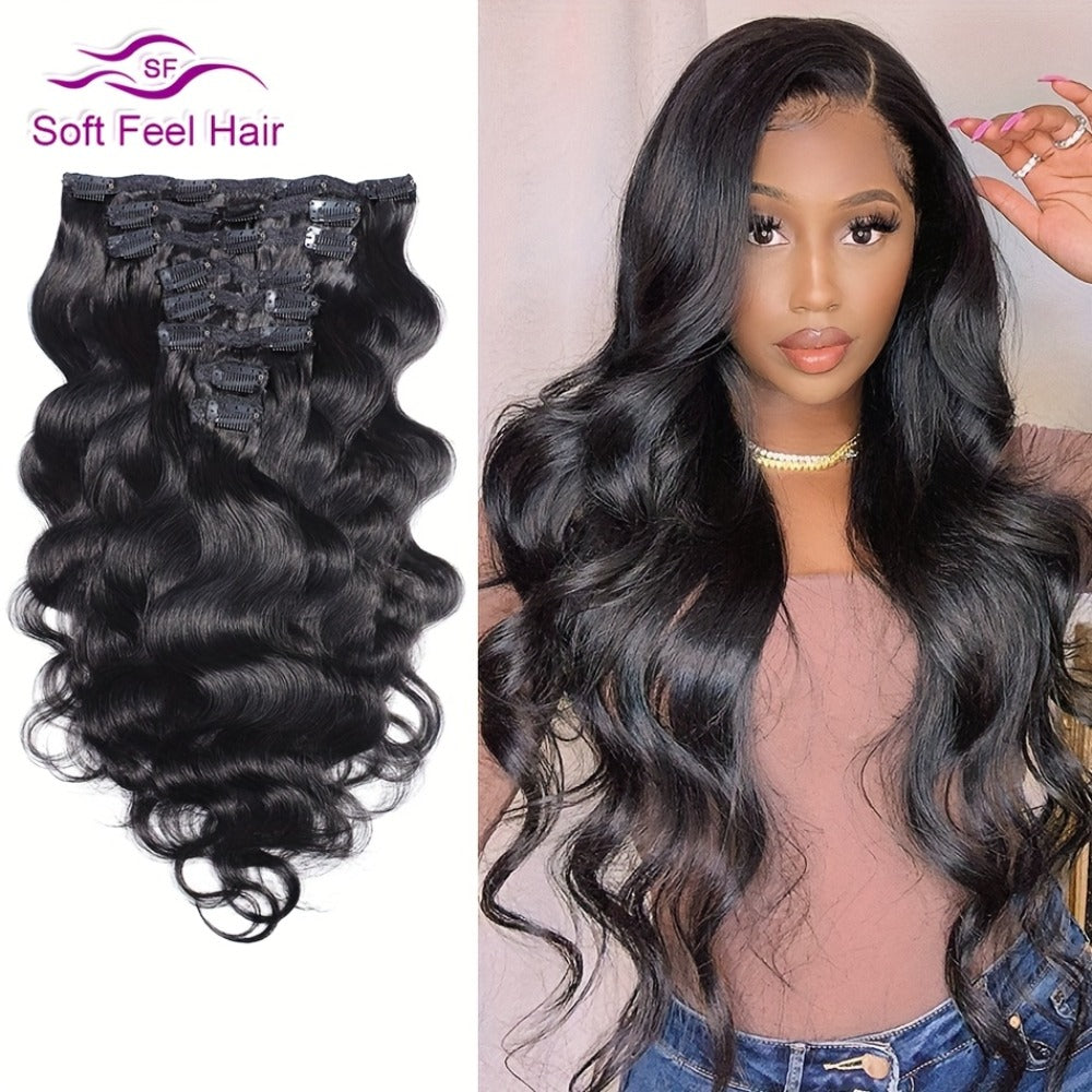 Clip In Human Hair Extensions Body Wave 8pcs 120g Full Head Real Human Hair Clip Ins Natural, for Home, Travel and Salon Hair