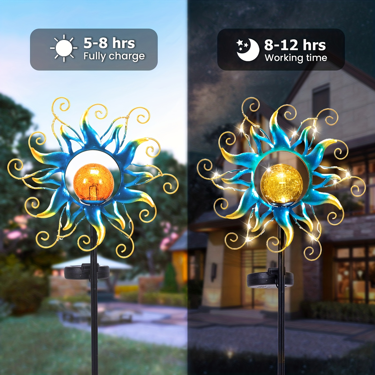 Solar Garden Lights Blue Sun-Shaped LED Stake, IPX4 Rated with Separate Solar Panel for Path Decor — image 6