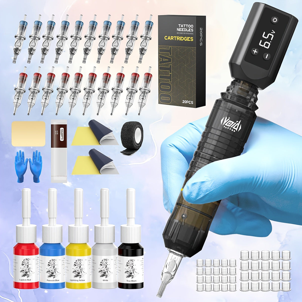 Cordless Tattoo Pen Kit Complete Set VOID 1200mAh Battery USB Type-C 20 Needles 5 Inks 40 Ink Caps Practice Skin Transfer Pap
