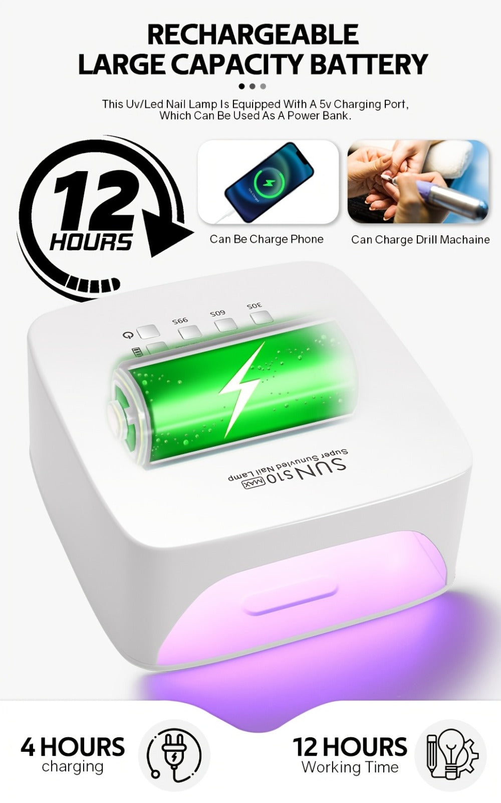 Rechargeable UV LED Nail Lamp 30 Beads, Professional Gel Nail Curing Light Cordless with 3 Timer Settings — image 15