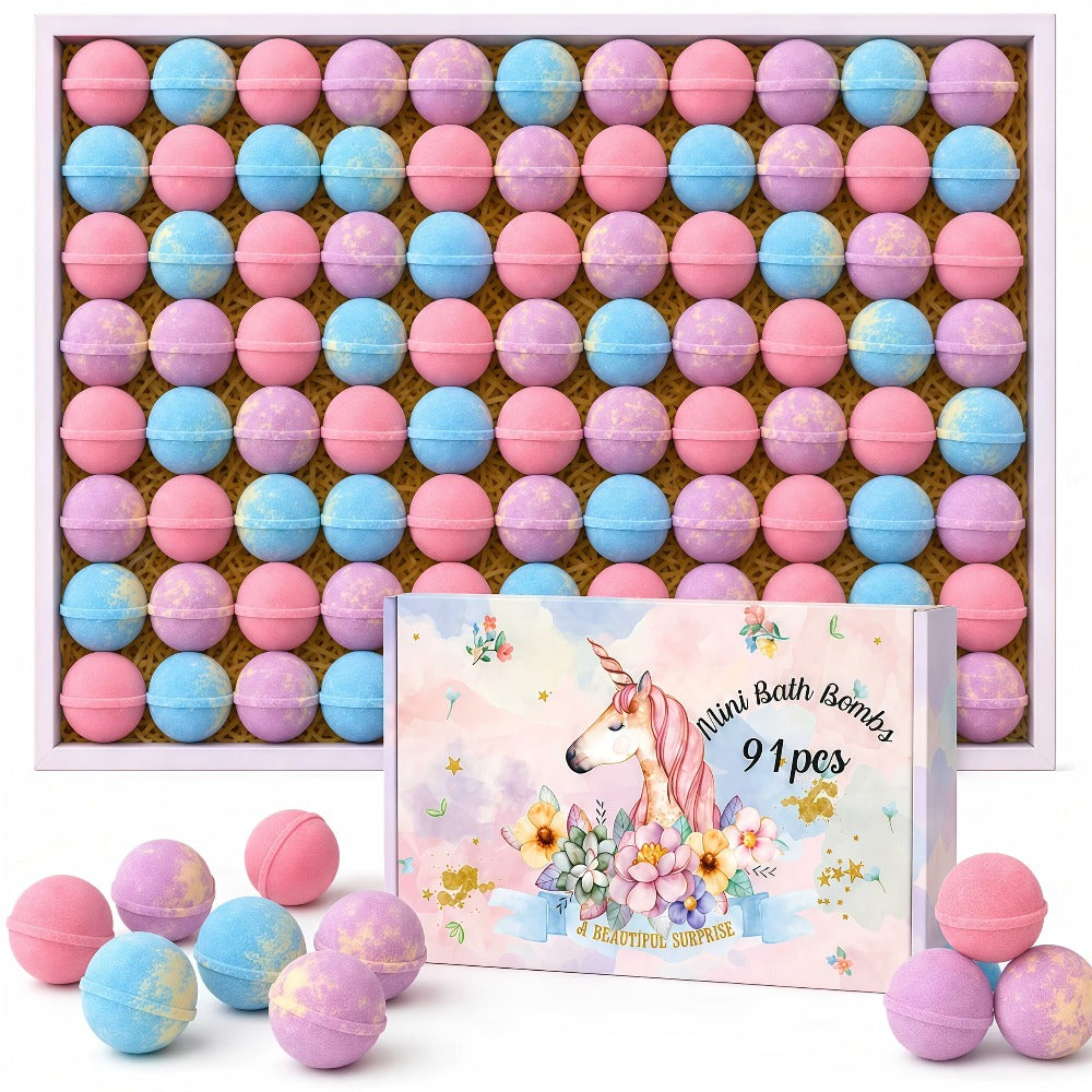 Bath Bombs, 91-Piece Mini Fizzer Set with 15g Round Pieces, Three Labeled Scents and Random Assorted Colors — image 1