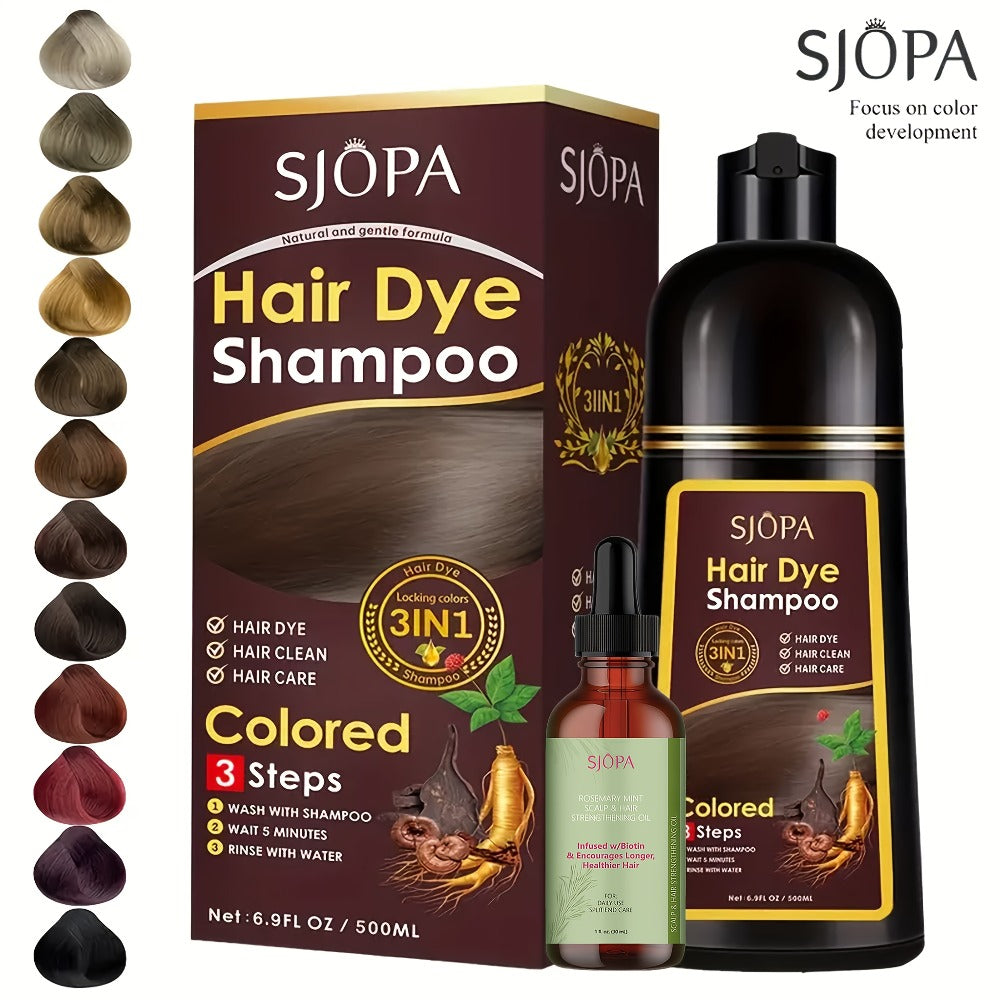 Hair Dye Shampoo, SJOPA 500ml Bottle and Rosemary Hair Oil Set with Seven Color Options for At-Home Color Selection — image 1