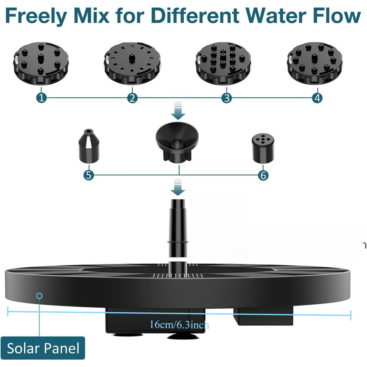Black Floating Solar Fountain Pump with 16 cm Disc and Interchangeable Spray-Head Fittings — image 4