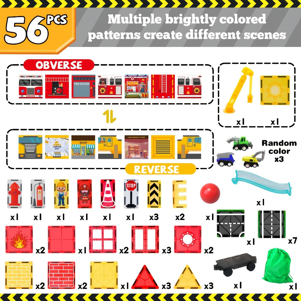 Magnetic Tiles 56-Piece Fire Station Building Set with Road Panels, Crane, Ramps and Vehicle Pieces — image 8